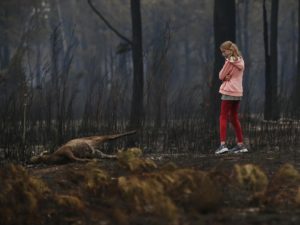 A young girl looks at the burnt body of dead kangaroo while walking her dog along a scorched forest.